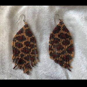 Beaded Leopard Print Fringe Earrings | Handmade